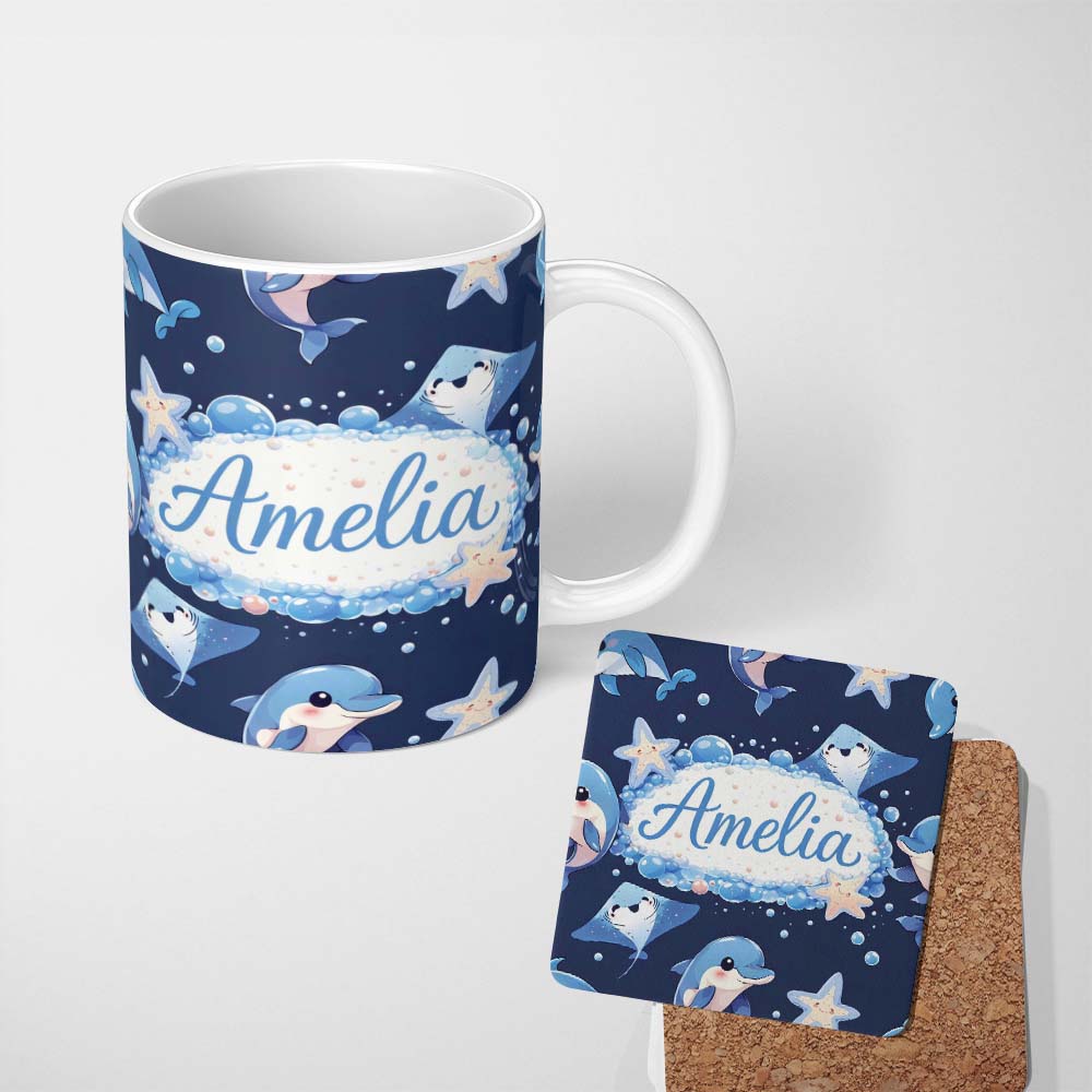 Personalized Custom Name Cute Dolphin Stingray Starfish Cartoon Sea Life Pattern Navy Lovely 11oz Ceramic Coffee Tea Mug White Large Handle