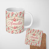 Personalized Custom Name Delicate Pink Floral Seamless Pattern on Soft Sage Background Lovely 11oz Ceramic Coffee Tea Mug White Large Handle