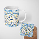 Personalized Custom Name Classic Blue Yellow Tile Floral Motif Seamless Pattern Lovely 11oz Ceramic Coffee Tea Mug White Large Handle