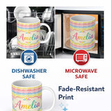 Personalized Custom Name Pastel Rainbow Soft Wave Stripes Seamless Pattern Cute Unique Gift 11oz Ceramic Coffee Tea Mug White Large Handle