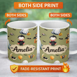 Personalized Custom Name Cute Halloween Dracula Ghost Bats on Olive Green Background Seamless 11oz Ceramic Coffee Tea Mug White Large Handle