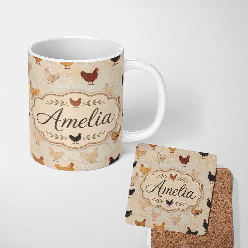 Personalized Custom Name Rustic Chicken Hen Farmyard Illustration Seamless Pattern Lovely 11oz Ceramic Coffee Tea Mug White Large Handle