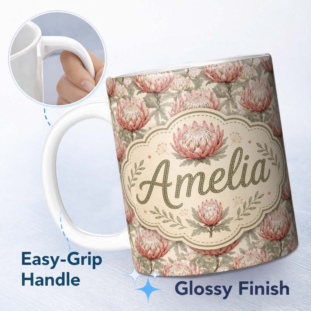 Personalized Custom Name Elegant Pink Protea Floral Botanical Seamless Pattern Lovely 11oz Ceramic Coffee Tea Mug White Large Handle