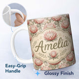 Personalized Custom Name Elegant Pink Protea Floral Botanical Seamless Pattern Lovely 11oz Ceramic Coffee Tea Mug White Large Handle