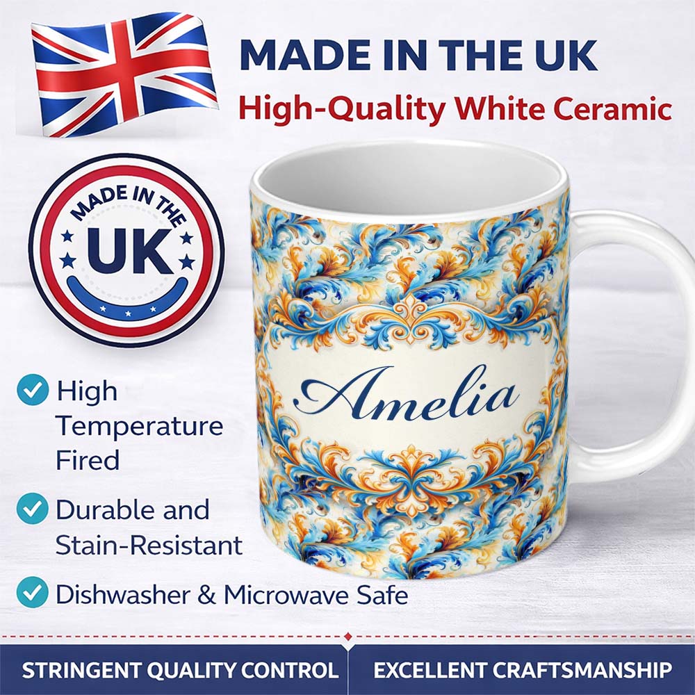 Personalized Custom Name Blue Orange Baroque Floral Ornamental Decorative Design Lovely 11oz Ceramic Coffee Tea Mug White Large Handle