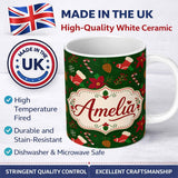 Personalized Custom Name Cute Christmas Stocking Candy Cane Pinecone Seamless Pattern Festive 11oz Ceramic Coffee Tea Mug White Large Handle
