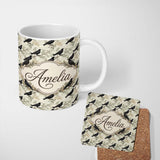 Personalized Custom Name Black Crow Birds on Branch Minimal Seamless Pattern Cute Unique Gift 11oz Ceramic Coffee Tea Mug White Large Handle