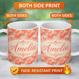 Personalized Custom Name Abstract Coral and Cream Fluid Art Seamless Pattern with Soft Blue 11oz Ceramic Coffee Tea Mug White Large Handle