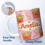 Personalized Custom Name Cute French Fries Cartoon Snack Food Soft Pink Background Seamless 11oz Ceramic Coffee Tea Mug White Large Handle
