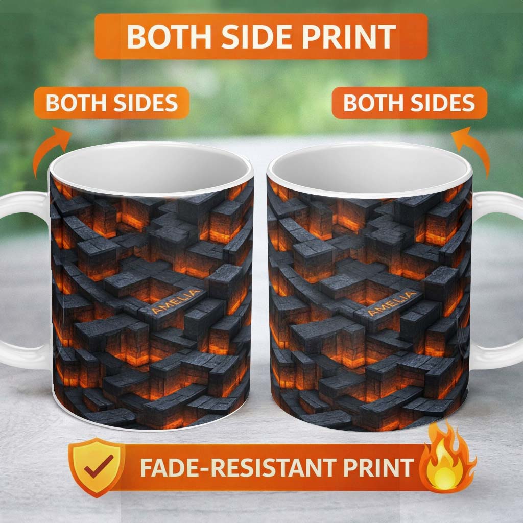 Personalized Custom Name Dark Stone Lava Glow Cube Abstract Seamless Pattern Cute Unique Gift 11oz Ceramic Coffee Tea Mug White Large Handle