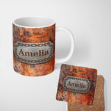 Personalized Custom Name Weathered Rust Surface with Crack Detail Grunge Seamless Pattern 11oz Ceramic Coffee Tea Mug White Large Handle