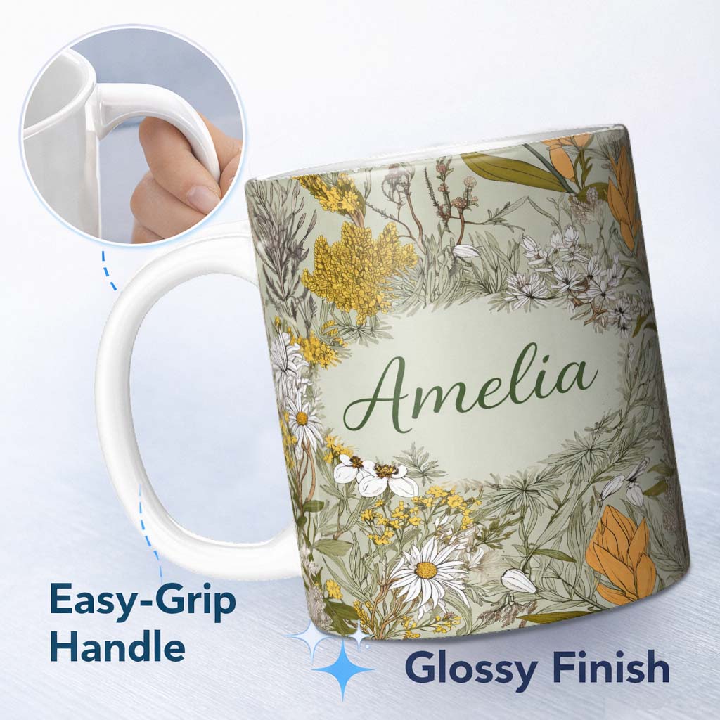 Personalized Custom Name Vintage Botanical Floral Sage Green Detailed Seamless Pattern Lovely 11oz Ceramic Coffee Tea Mug White Large Handle