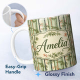 Personalized Custom Name Soft Bamboo Stems with Delicate Leaves Pastel Background Seamless 11oz Ceramic Coffee Tea Mug White Large Handle