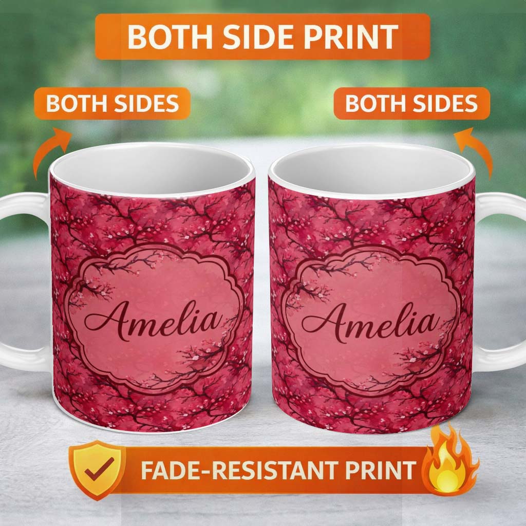 Personalized Custom Name Watercolor Red Cherry Blossom Branch Seamless Pattern Lovely 11oz Ceramic Coffee Tea Mug White Large Handle