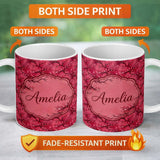 Personalized Custom Name Watercolor Red Cherry Blossom Branch Seamless Pattern Lovely 11oz Ceramic Coffee Tea Mug White Large Handle
