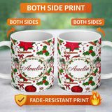 Personalized Custom Name Christmas Poinsettia Candy Cane Holly Berry Ornament Seamless Lovely 11oz Ceramic Coffee Tea Mug White Large Handle