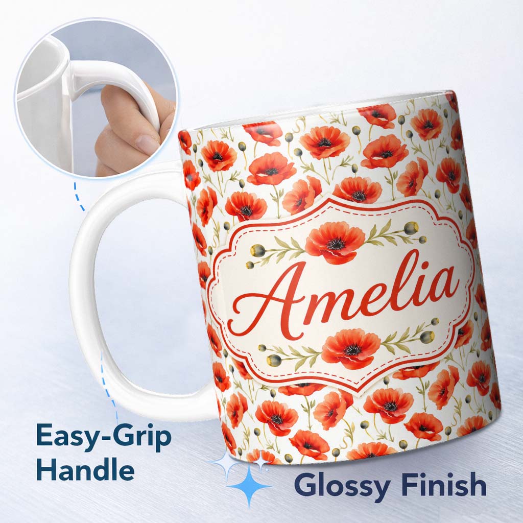 Personalized Custom Name Red Poppy Flower Watercolor Seamless Pattern Charming Kitchen Decor 11oz Ceramic Coffee Tea Mug White Large Handle