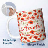 Personalized Custom Name Red Poppy Flower Watercolor Seamless Pattern Charming Kitchen Decor 11oz Ceramic Coffee Tea Mug White Large Handle