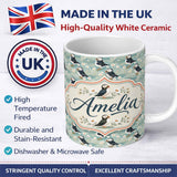 Personalized Custom Name Puffin and Daisy Floral Pattern Soft Botanical Seamless Design 11oz Ceramic Coffee Tea Mug White Large Handle