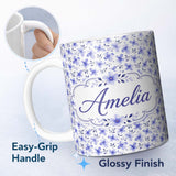 Personalized Custom Name Soft Blue Watercolor Floral Seamless Pattern Delicate Botanical 11oz Ceramic Coffee Tea Mug White Large Handle