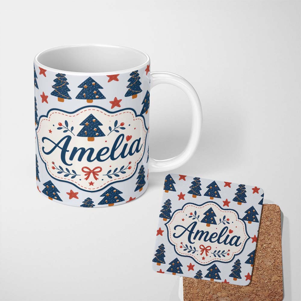 Personalized Custom Name Blue Christmas Trees with Stars and Hanging Ornaments Seamless 11oz Ceramic Coffee Tea Mug White Large Handle