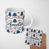 Personalized Custom Name Blue Christmas Trees with Stars and Hanging Ornaments Seamless 11oz Ceramic Coffee Tea Mug White Large Handle
