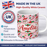 Personalized Custom Name Cute Santa Face Hats Candy Cane Pink Seamless Pattern Lovely 11oz Ceramic Coffee Tea Mug White Large Handle