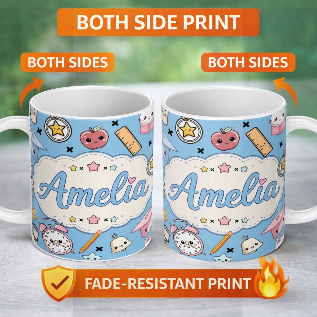 Personalized Custom Name Cute Kawaii School Supplies And Study Seamless Pattern Blue Lovely 11oz Ceramic Coffee Tea Mug White Large Handle