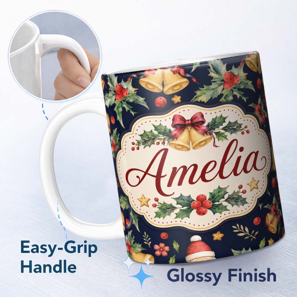 Personalized Custom Name Christmas Bells Holly Leaves Gift Boxes Festive Dark Seamless Lovely 11oz Ceramic Coffee Tea Mug White Large Handle
