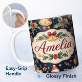 Personalized Custom Name Christmas Bells Holly Leaves Gift Boxes Festive Dark Seamless Lovely 11oz Ceramic Coffee Tea Mug White Large Handle