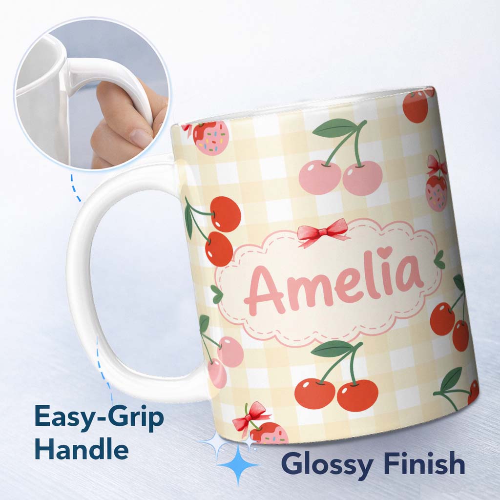 Personalized Custom Name Cherry Fruit Soft Grey Background Minimal Seamless Pattern Lovely 11oz Ceramic Coffee Tea Mug White Large Handle