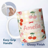 Personalized Custom Name Cherry Fruit Soft Grey Background Minimal Seamless Pattern Lovely 11oz Ceramic Coffee Tea Mug White Large Handle