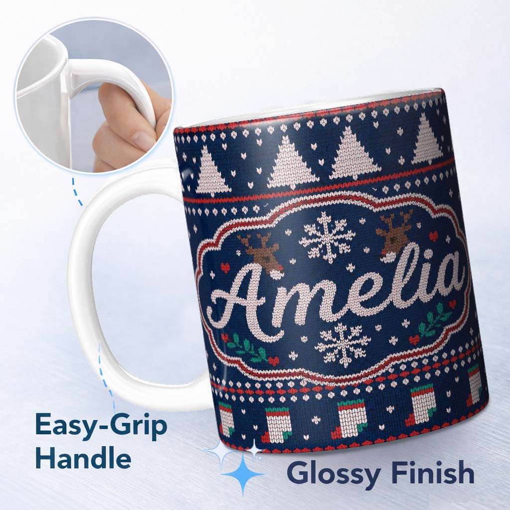 Personalized Custom Name Winter Knit Reindeer Mountain Pattern Blue White Snow Nordic Lovely 11oz Ceramic Coffee Tea Mug White Large Handle
