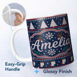 Personalized Custom Name Winter Knit Reindeer Mountain Pattern Blue White Snow Nordic Lovely 11oz Ceramic Coffee Tea Mug White Large Handle
