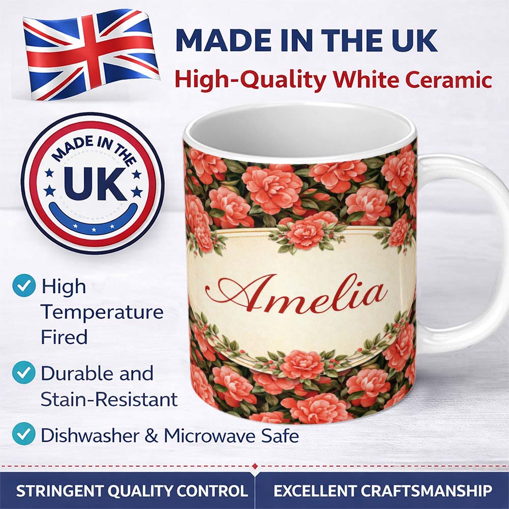 Personalized Custom Name Soft Coral Peony Floral Seamless Pattern Stylish Everyday Mug Lovely 11oz Ceramic Coffee Tea Mug White Large Handle