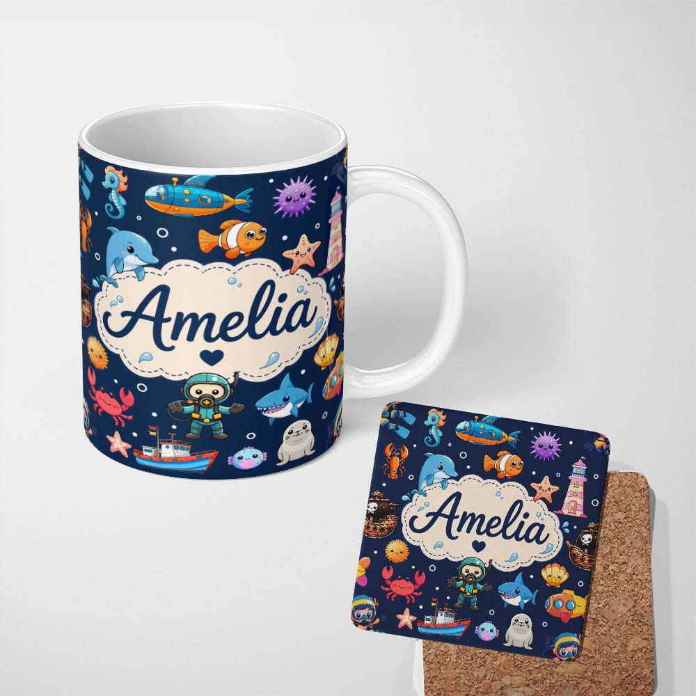 Personalized Custom Name Cartoon Ocean with Various Sea Creatures on Deep Navy Background 11oz Ceramic Coffee Tea Mug White Large Handle