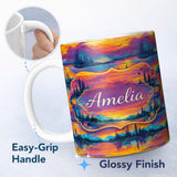 Personalized Custom Name Neon Sunset Mountain Lake Landscape Pattern Stylish Everyday Mug 11oz Ceramic Coffee Tea Mug White Large Handle