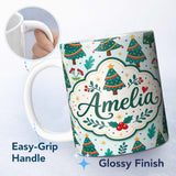 Personalized Custom Name Decorated Christmas Trees with Lights and Berries Festive Winter 11oz Ceramic Coffee Tea Mug White Large Handle