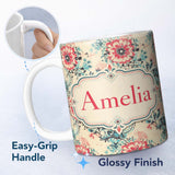 Personalized Custom Name Elegant Pink Blue Floral Damask Vintage Seamless Pattern Lovely 11oz Ceramic Coffee Tea Mug White Large Handle