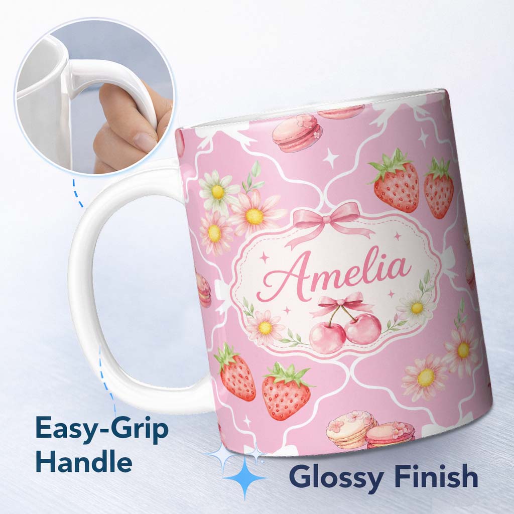 Personalized Custom Name Cute Strawberry Cherry Daisy Floral Bow Sweet Dessert Soft Pink 11oz Ceramic Coffee Tea Mug White Large Handle
