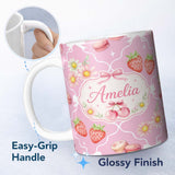 Personalized Custom Name Cute Strawberry Cherry Daisy Floral Bow Sweet Dessert Soft Pink 11oz Ceramic Coffee Tea Mug White Large Handle