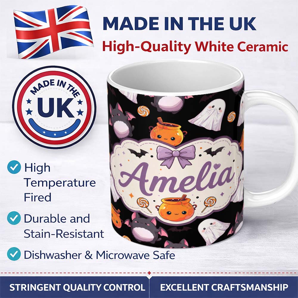 Personalized Custom Name Cute Halloween Ghost Bat Candy Pumpkin Seamless Pattern White Lovely 11oz Ceramic Coffee Tea Mug White Large Handle