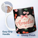 Personalized Custom Name Cute Cherry Fruit with Bow and Sprinkles Seamless Pattern Black 11oz Ceramic Coffee Tea Mug White Large Handle