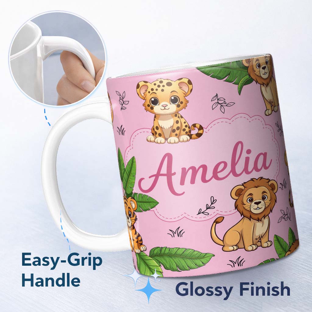 Personalized Custom Name Cute Jungle Animals Lion Tiger Leopard Pink Background Tropical 11oz Ceramic Coffee Tea Mug White Large Handle