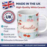 Personalized Custom Name Cherry Fruit Vertical Stripe Blue Background Seamless Pattern Lovely 11oz Ceramic Coffee Tea Mug White Large Handle