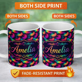 Personalized Custom Name Vibrant Rainbow Feather Pattern on Black Background Seamless Lovely 11oz Ceramic Coffee Tea Mug White Large Handle