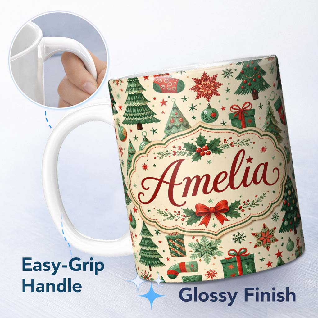 Personalized Custom Name Cute Christmas Trees Stockings Snowflakes Festive Holiday Design 11oz Ceramic Coffee Tea Mug White Large Handle