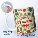 Personalized Custom Name Cute Christmas Trees Stockings Snowflakes Festive Holiday Design 11oz Ceramic Coffee Tea Mug White Large Handle