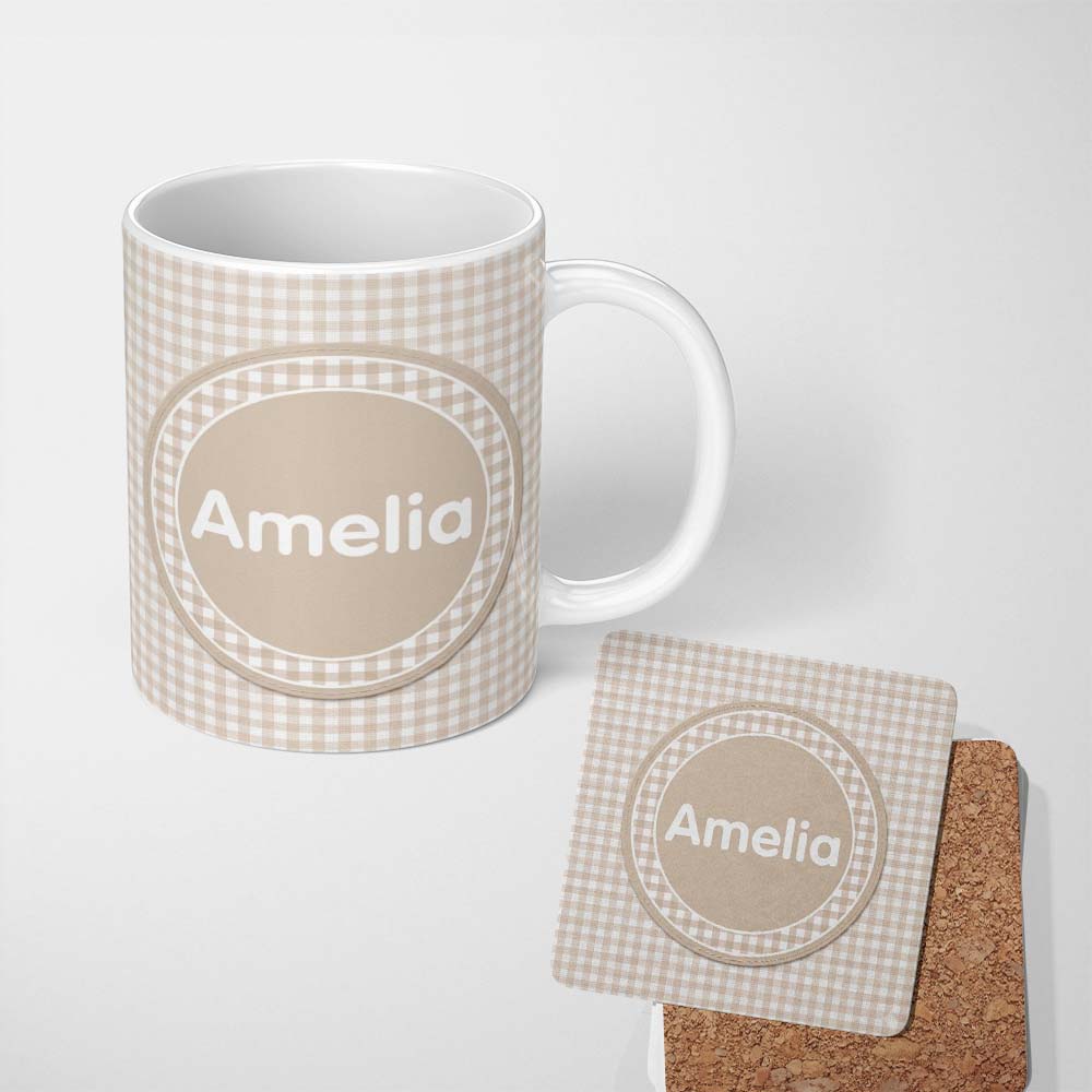 Personalized Custom Name Soft Beige Gingham Check Classic Seamless Pattern Cute Unique Gift 11oz Ceramic Coffee Tea Mug White Large Handle