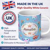 Personalized Custom Name Cute Kawaii Mermaid Seahorse Jellyfish and Starfish Blue Background 11oz Ceramic Coffee Tea Mug White Large Handle